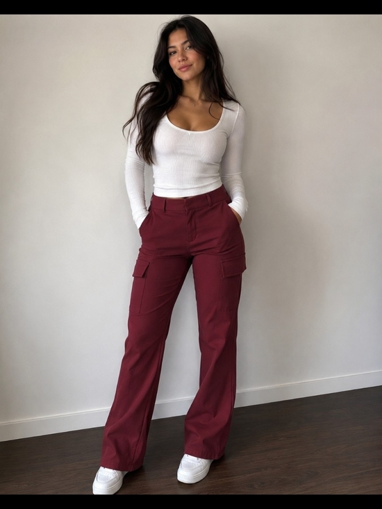 Pants - High-Rise Cargo Wide-Leg Pants in Burgundy